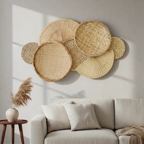 Decoração De Parede Boho Composição Cestos Palha Erva Doce Bege