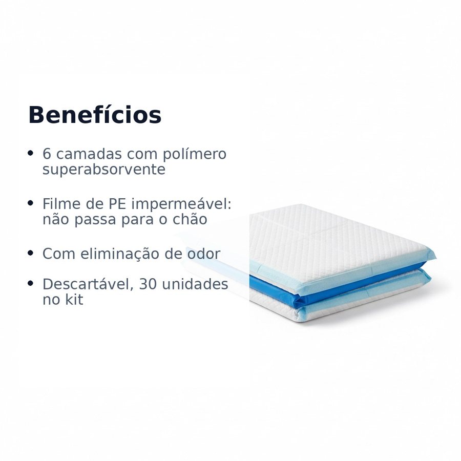 Imagem de benefícios: 6 camadas com polímero superabsorvente, filme de PE impermeável, eliminação de odor e 30 unidades descartáveis