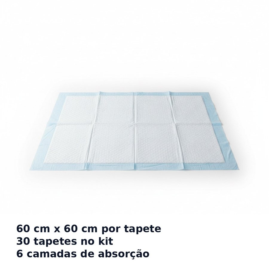 Imagem de medidas: tapete higiênico com 60 cm x 60 cm, 30 tapetes no kit e 6 camadas de absorção